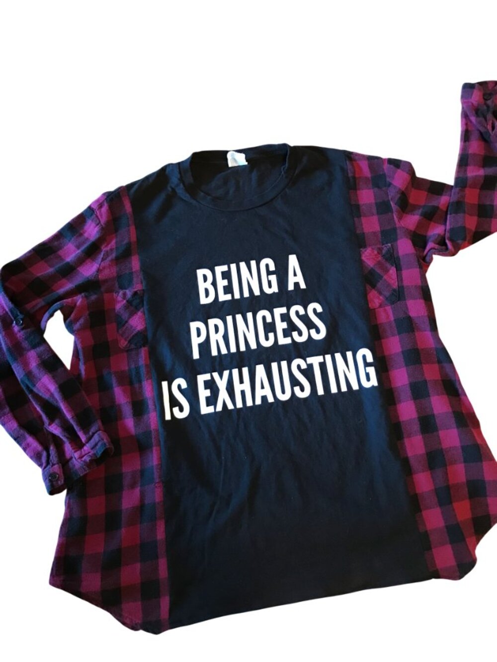 Upcycled Flannel Shirt, Oversized Princess Graphic T-Shirt Pullover Size M - L